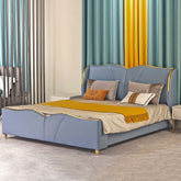 Modern blue faux leather platform bed frame with low profile for queen size bed